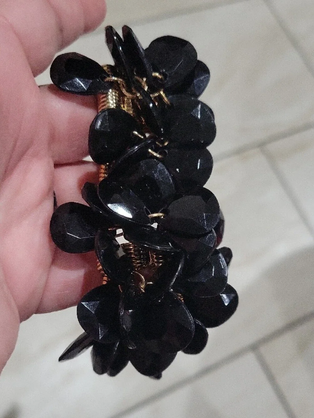 Black Flower Cluster Statement Bracelet with Gold Chain
